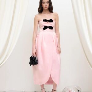 Cider Strapless Dress in Soft Pink with Black Bows